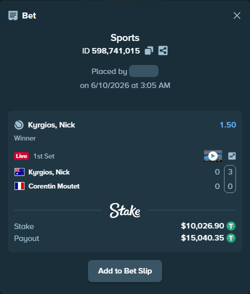 Bet slip: Kyrgios, Nick - Corentin Moutet, $10,036.93 stake at 1.50 odds, placed by 가보자이잇