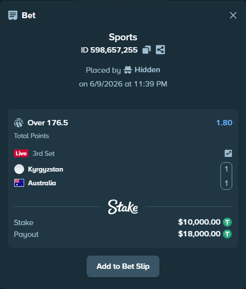 Bet slip: Kyrgyzstan - Australia, $10,010.00 stake at 1.80 odds, placed by Hidden