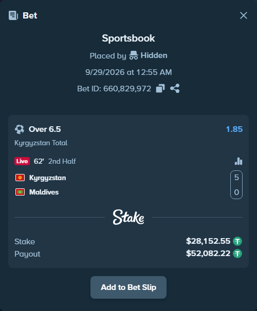 Bet slip: Kyrgyzstan - Maldives, $28,149.74 stake at 1.85 odds, placed by Hidden