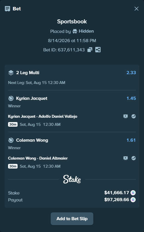 Bet slip: Kyrian Jacquet - Adolfo Daniel Vallejo, $41,632.07 stake at 1.45 odds, placed by Hidden