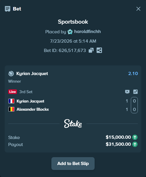 Bet slip: Kyrian Jacquet - Alexander Blockx, $15,015.00 stake at 2.10 odds, placed by haroldfinchh