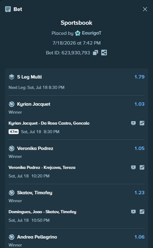 Bet slip: Kyrian Jacquet - Da Rosa Castro, Goncalo, $39,035.78 stake at 1.03 odds, placed by EaurigaT