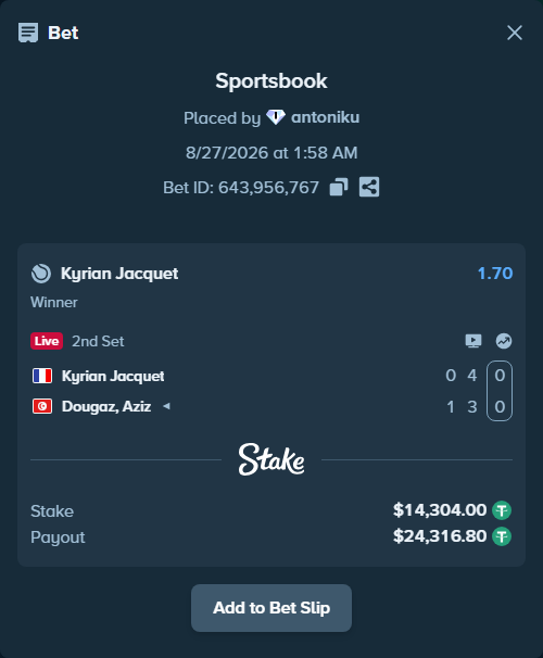 Bet slip: Kyrian Jacquet - Dougaz, Aziz, $14,304.00 stake at 1.70 odds, placed by antoniku
