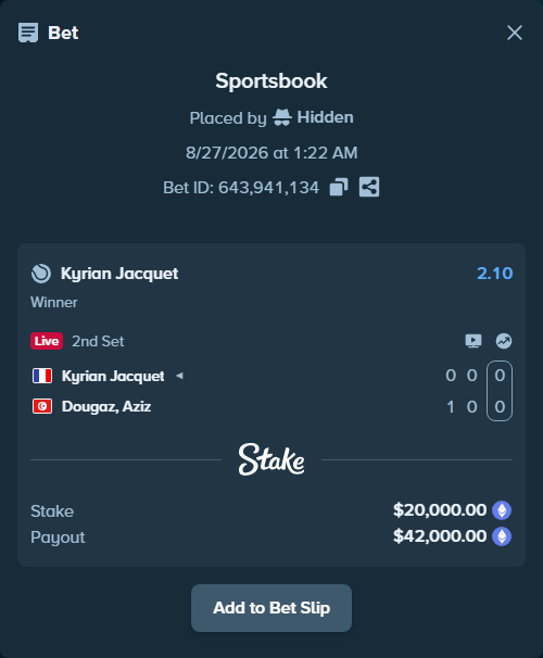 Bet slip: Kyrian Jacquet - Dougaz, Aziz, $20,386.75 stake at 2.10 odds, placed by Hidden