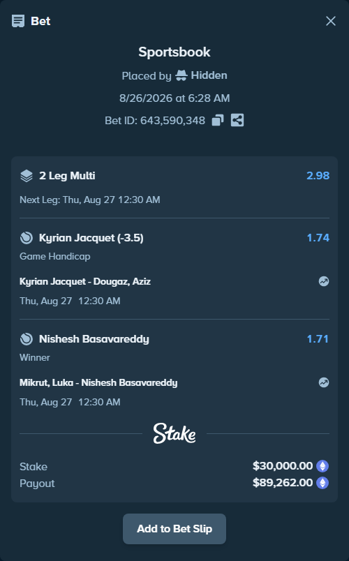 Bet slip: Kyrian Jacquet - Dougaz, Aziz, $30,587.64 stake at 1.74 odds, placed by Hidden