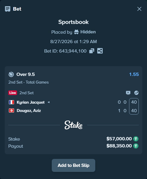 Bet slip: Kyrian Jacquet - Dougaz, Aziz, $57,000.00 stake at 1.55 odds, placed by Hidden