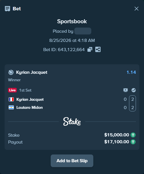 Bet slip: Kyrian Jacquet - Lautaro Midon, $15,000.00 stake at 1.14 odds, placed by PimpoTheGreat