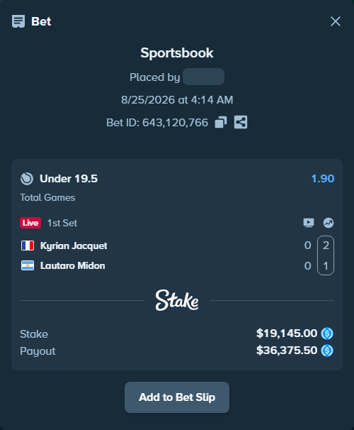 Bet slip: Kyrian Jacquet - Lautaro Midon, $19,145.00 stake at 1.90 odds, placed by privetmedvet15