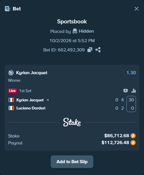 Bet slip: Kyrian Jacquet - Luciano Darderi, $85,862.17 stake at 1.30 odds, placed by Atte90