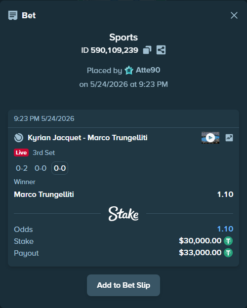 Bet slip: Kyrian Jacquet - Marco Trungelliti, $30,000.00 stake at 1.10 odds, placed by Atte90