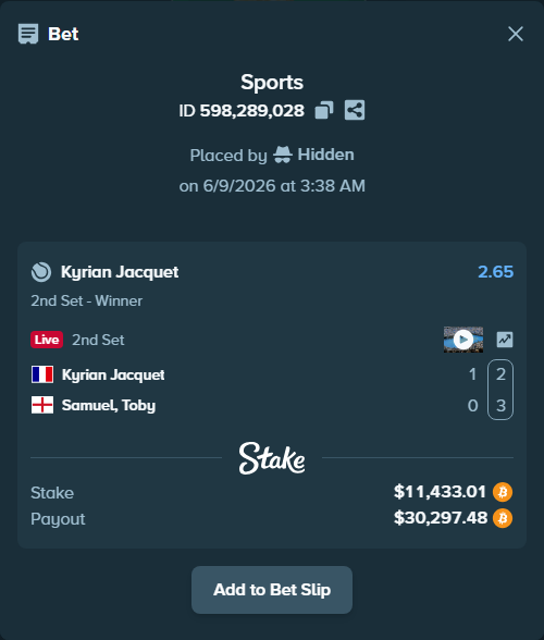 Bet slip: Kyrian Jacquet - Samuel, Toby, $11,583.90 stake at 2.65 odds, placed by Hidden