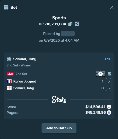 Bet slip: Kyrian Jacquet - Samuel, Toby, $15,890.67 stake at 3.10 odds, placed by Prettylfacko98