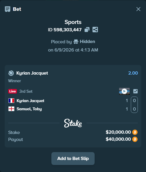 Bet slip: Kyrian Jacquet - Samuel, Toby, $20,238.22 stake at 2.00 odds, placed by Hidden