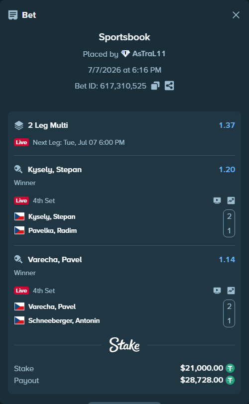 Bet slip: Kysely, Stepan - Pavelka, Radim, $21,021.00 stake at 1.20 odds, placed by AsTraL11
