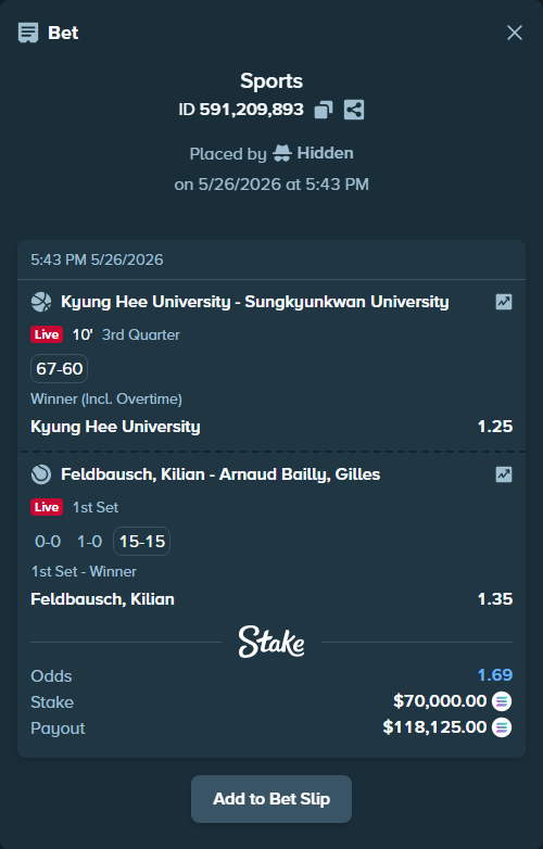 Bet slip: Kyung Hee University - Sungkyunkwan University, $60,944.98 stake at 1.25 odds, placed by Hidden