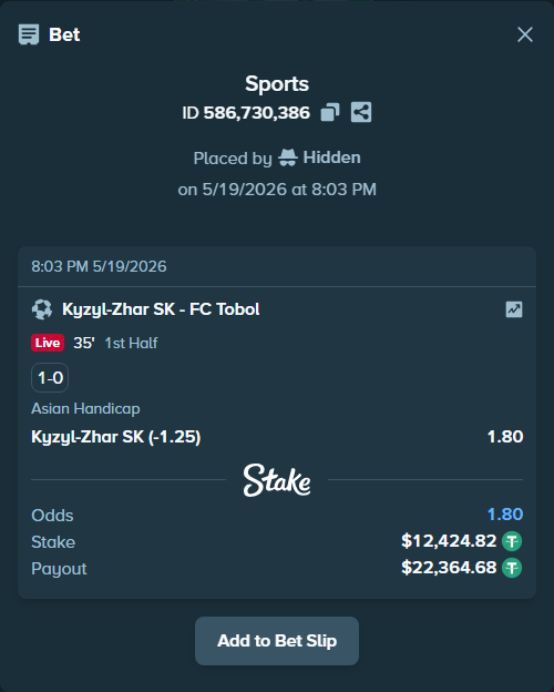 Bet slip: Kyzyl-Zhar SK - FC Tobol, $12,437.25 stake at 1.80 odds, placed by Hidden
