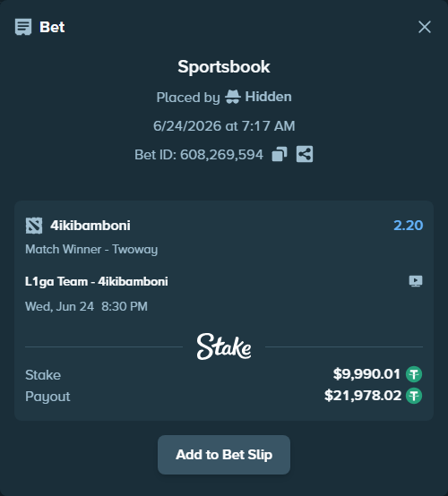 Bet slip: L1 - 4ikibamboni, $10,000.00 stake at 2.20 odds, placed by Hidden