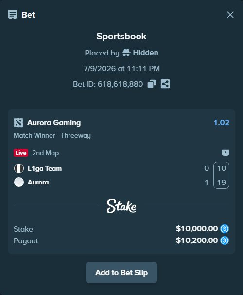 Bet slip: L1 - Aurora Gaming, $10,000.00 stake at 1.02 odds, placed by Hidden