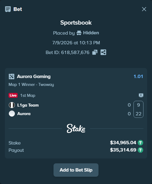 Bet slip: L1 - Aurora Gaming, $35,000.00 stake at 1.01 odds, placed by Hidden