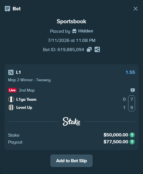 Bet slip: L1 - Level Up, $50,050.00 stake at 1.55 odds, placed by Hidden