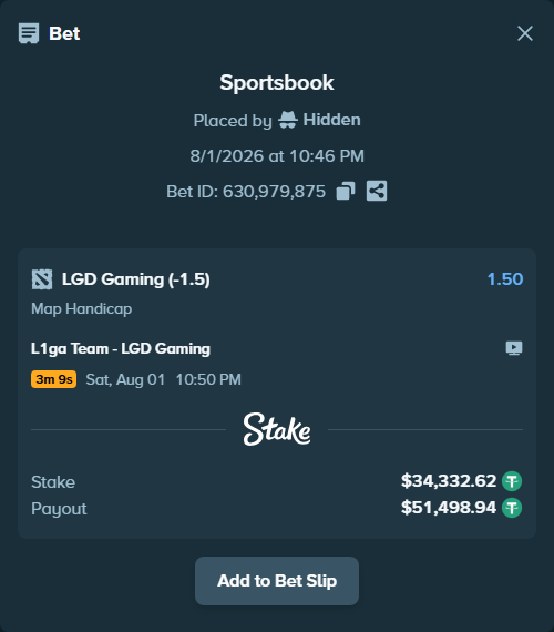 Bet slip: L1 - LGD Gaming, $34,366.96 stake at 1.50 odds, placed by Hidden