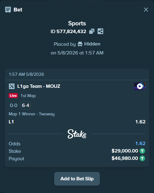 Bet slip: L1 - MOUZ, $29,000.00 stake at 1.62 odds, placed by Hidden