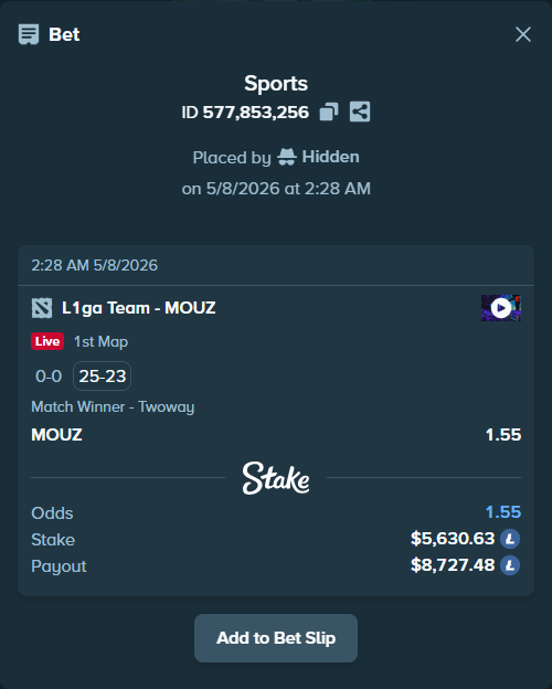 Bet slip: L1 - MOUZ, $4,450.00 stake at 1.55 odds, placed by Hidden