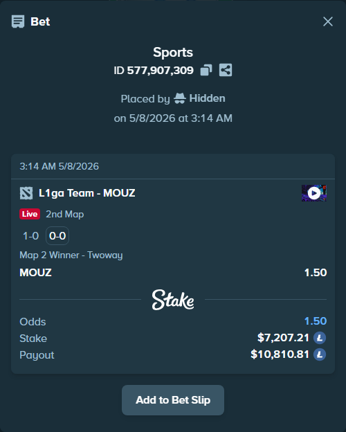 Bet slip: L1 - MOUZ, $5,696.00 stake at 1.50 odds, placed by Hidden