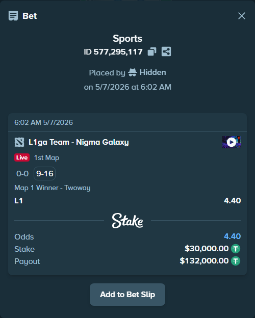 Bet slip: L1 - Nigma Galaxy, $30,000.00 stake at 4.40 odds, placed by Hidden