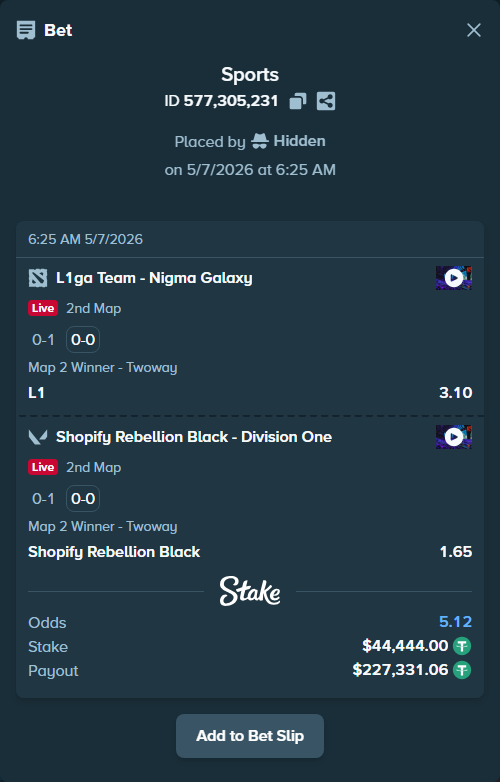 Bet slip: L1 - Nigma Galaxy, $44,444.00 stake at 3.10 odds, placed by Hidden