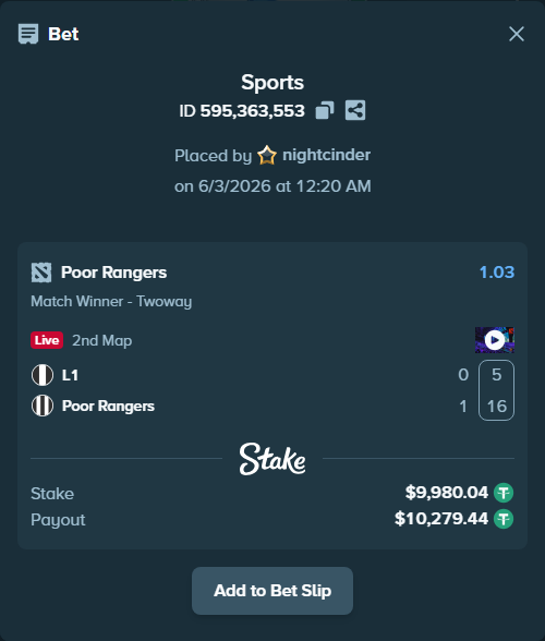 Bet slip: L1 - Poor Rangers, $10,000.00 stake at 1.03 odds, placed by nightcinder