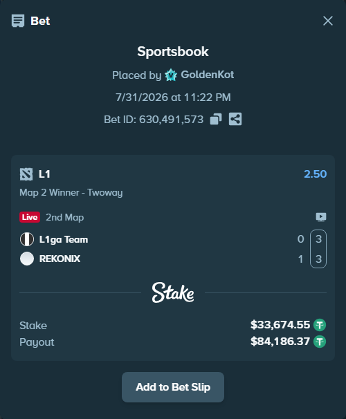Bet slip: L1 - REKONIX, $33,708.22 stake at 2.50 odds, placed by GoldenKot
