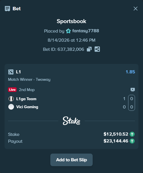 Bet slip: L1 - Vici Gaming, $12,523.03 stake at 1.85 odds, placed by fantasy7788