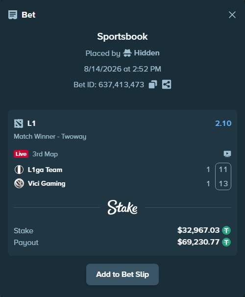 Bet slip: L1 - Vici Gaming, $33,000.00 stake at 2.10 odds, placed by Hidden