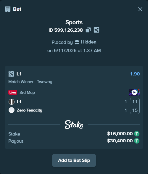 Bet slip: L1 - Zero Tenacity, $16,016.00 stake at 1.90 odds, placed by Hidden