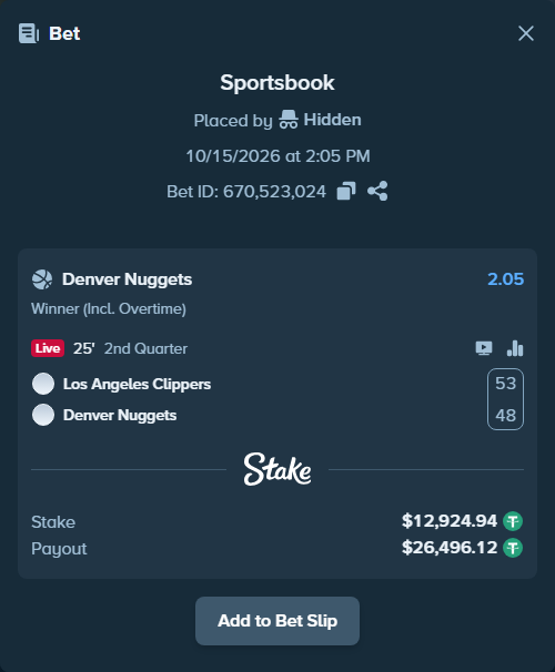 Bet slip: LA Clippers - Denver Nuggets, $12,937.86 stake at 2.05 odds, placed by DMNTE96