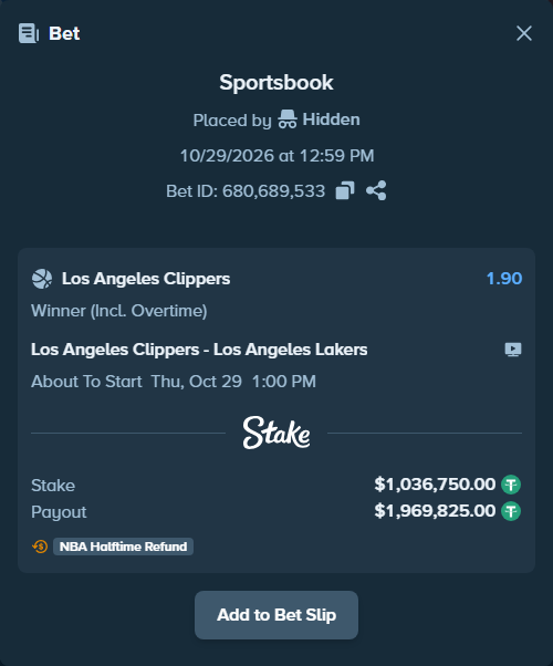 Bet slip: LA Clippers - Los Angeles Lakers, $1,037,786.75 stake at 1.90 odds, placed by Hidden