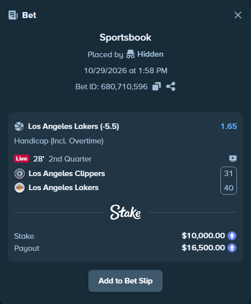 Bet slip: LA Clippers - Los Angeles Lakers, $10,072.92 stake at 1.65 odds, placed by siarnep36