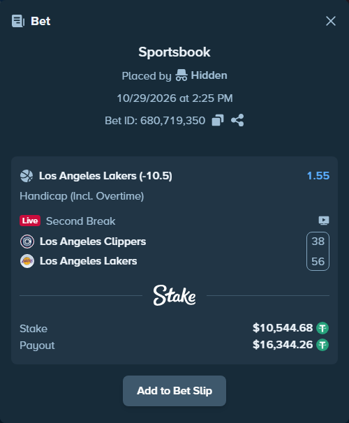 Bet slip: LA Clippers - Los Angeles Lakers, $10,555.23 stake at 1.55 odds, placed by danielarkas