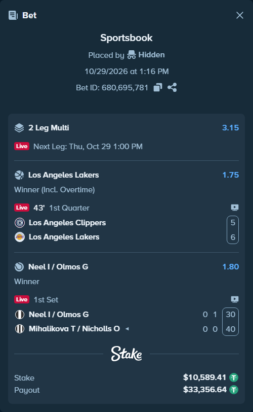 Bet slip: LA Clippers - Los Angeles Lakers, $10,600.00 stake at 1.75 odds, placed by Hidden