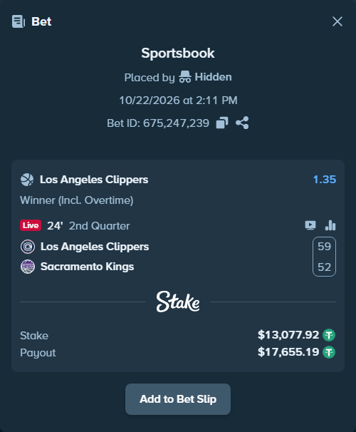 Bet slip: LA Clippers - Sacramento Kings, $13,091.00 stake at 1.35 odds, placed by sumadroso