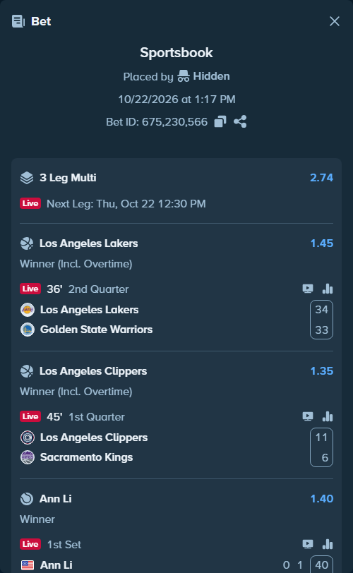 Bet slip: LA Clippers - Sacramento Kings, $20,000.00 stake at 1.35 odds, placed by Hidden