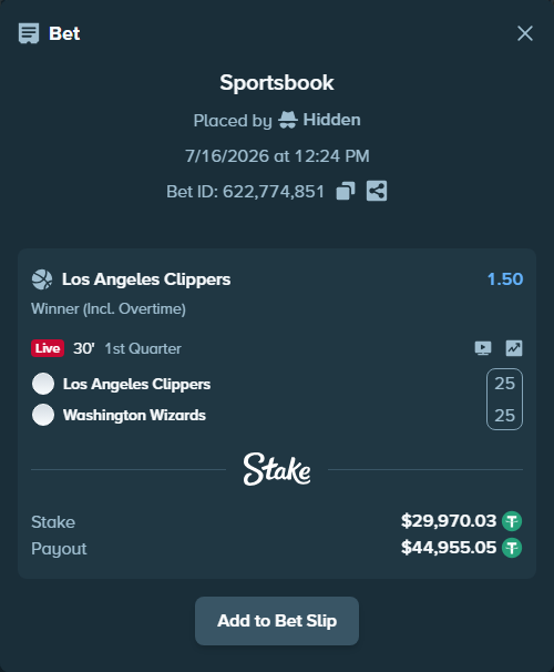 Bet slip: LA Clippers - Washington Wizards, $30,000.00 stake at 1.50 odds, placed by Hidden