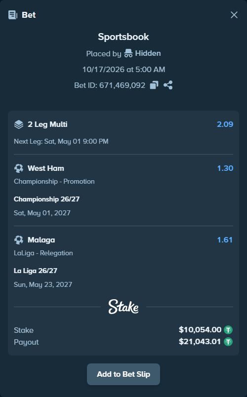 Bet slip: La Liga 26/27, $10,064.05 stake at 1.61 odds, placed by Hidden