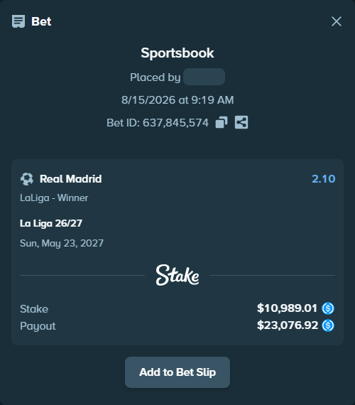 Bet slip: La Liga 26/27, $10,989.01 stake at 2.10 odds, placed by Adrenaline77