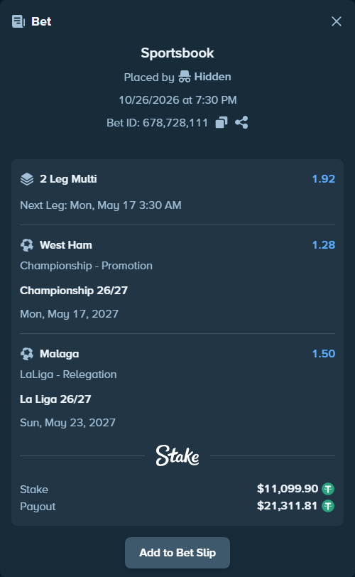 Bet slip: La Liga 26/27, $11,111.00 stake at 1.50 odds, placed by Hidden