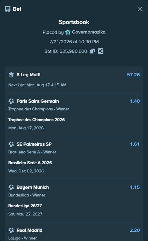 Bet slip: La Liga 26/27, $26,034.26 stake at 2.20 odds, placed by Governomazika