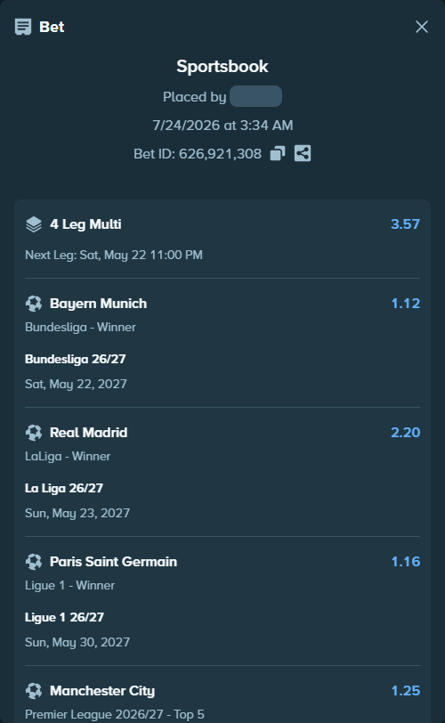 Bet slip: La Liga 26/27, $36,934.49 stake at 2.20 odds, placed by Governomazika
