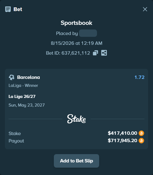 Bet slip: La Liga 26/27, $420,350.28 stake at 1.72 odds, placed by SpinEng