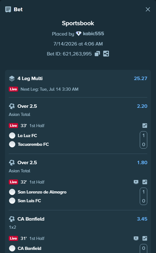 Bet slip: La Luz FC - Tacuarembo FC, $12,701.79 stake at 2.20 odds, placed by kabic555